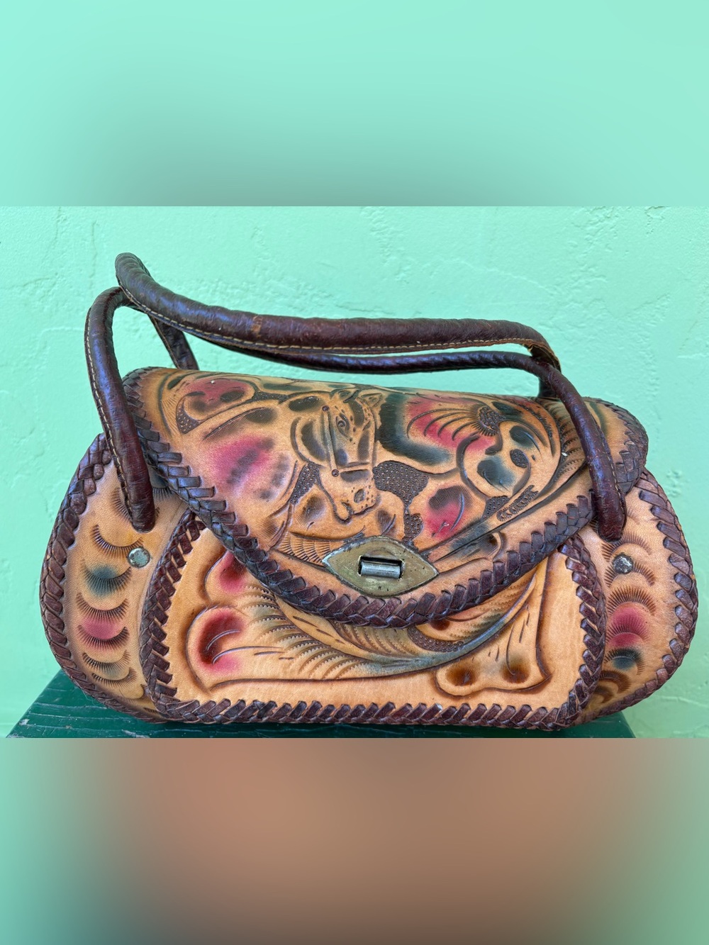 Vintage Hand-Tooled Leather Mexican  Bag in Tan with Multicolor Accents